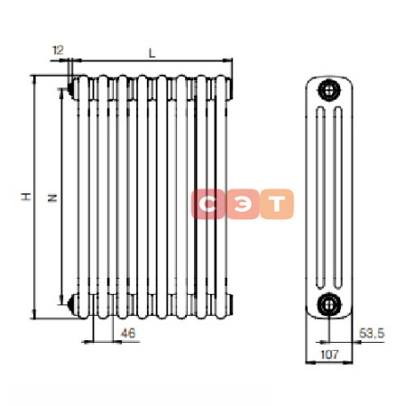 Радиатор стальной 3х трубный Rifar TUBOG 08 секций (в. 1800мм, подкл. -  боковое)